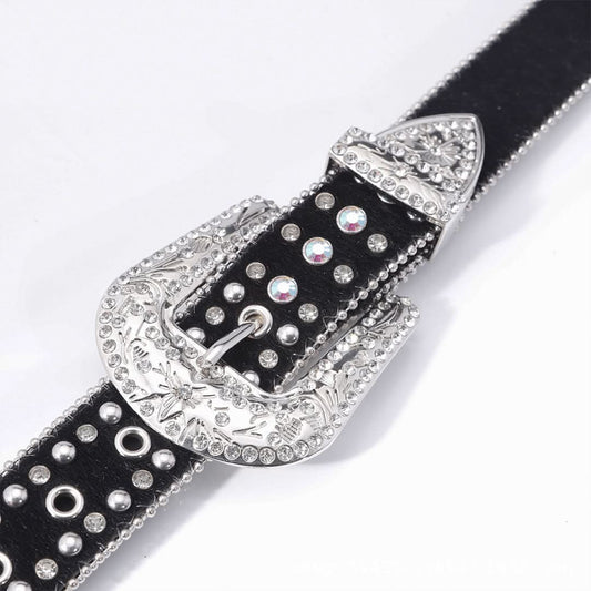 Pink Cross Engraved Buckle with Black Strap and White Stones Rhinestone Belt-Belts-The Rhinestone Belts