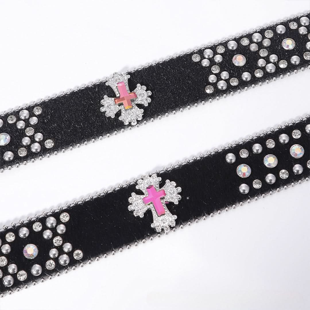 Pink Cross Engraved Buckle with Black Strap and White Stones Rhinestone Belt-Belts-The Rhinestone Belts