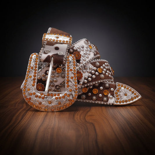Cowhide-Style Engraved Buckle with Gold Stones Rhinestone Belt-Belts-The Rhinestone Belts