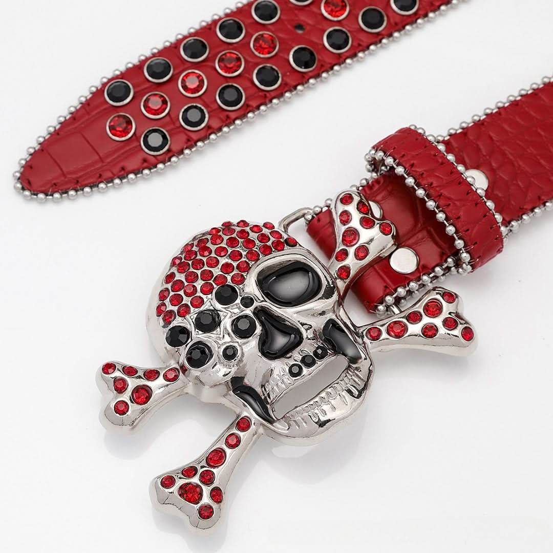 Red Skull Buckle with Black and Red Strap Rhinestone Belt-Belts-The Rhinestone Belts