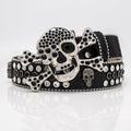 Black Skull Buckle with Black and White Stones Rhinestone Belt-Belts-The Rhinestone Belts