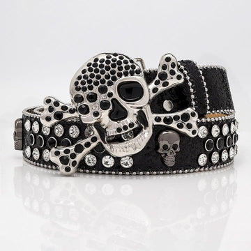 Black Skull Buckle with Black and White Stones Rhinestone Belt-Belts-The Rhinestone Belts