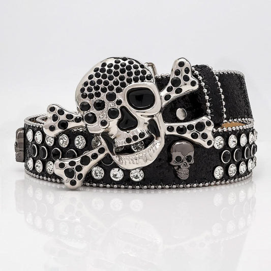Black Skull Buckle with Black and White Stones Rhinestone Belt-Belts-The Rhinestone Belts
