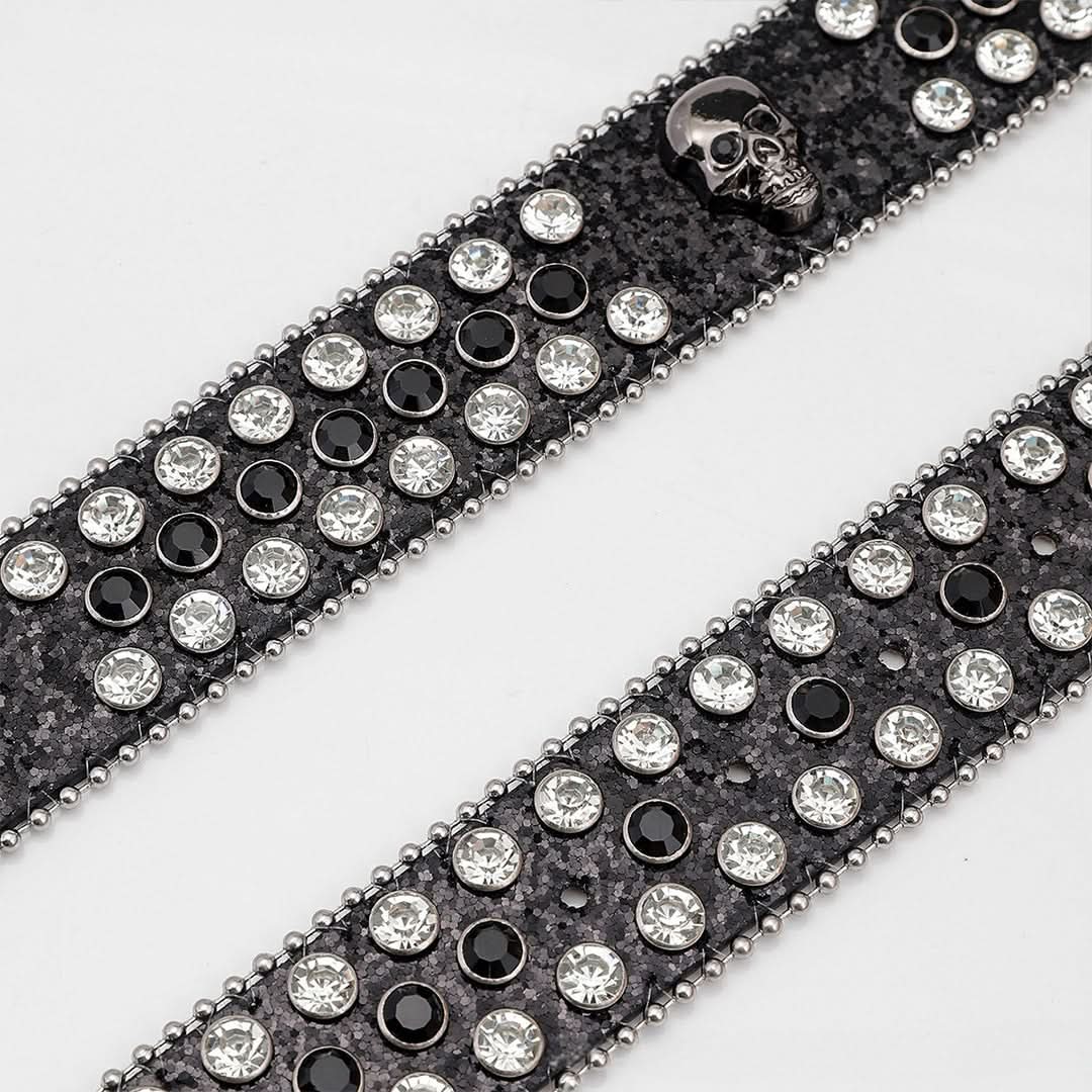 Black Skull Buckle with Black and White Stones Rhinestone Belt-Belts-The Rhinestone Belts