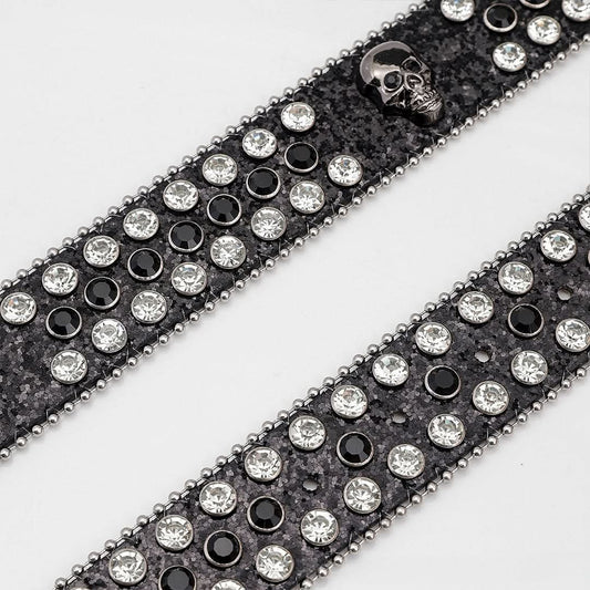 Black Skull Buckle with Black and White Stones Rhinestone Belt-Belts-The Rhinestone Belts