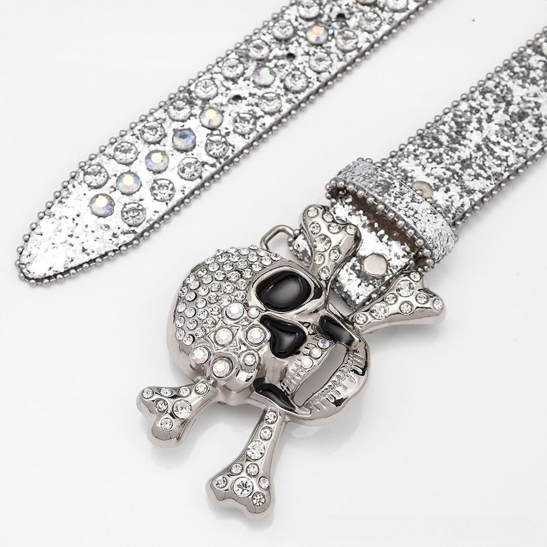 Silver Shiny Skull Buckle with Crystal Strap Rhinestone Belt-Belts-The Rhinestone Belts