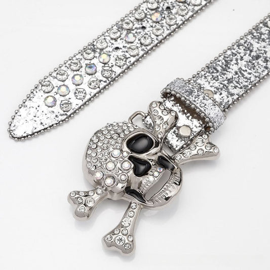 Silver Shiny Skull Buckle with Crystal Strap Rhinestone Belt-Belts-The Rhinestone Belts