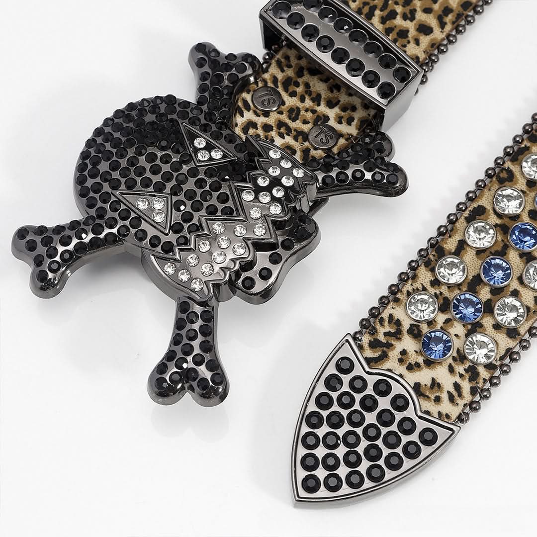 Gengar Buckle with Leopard Strap and Black Studs Rhinestone Belt-Belts-The Rhinestone Belts