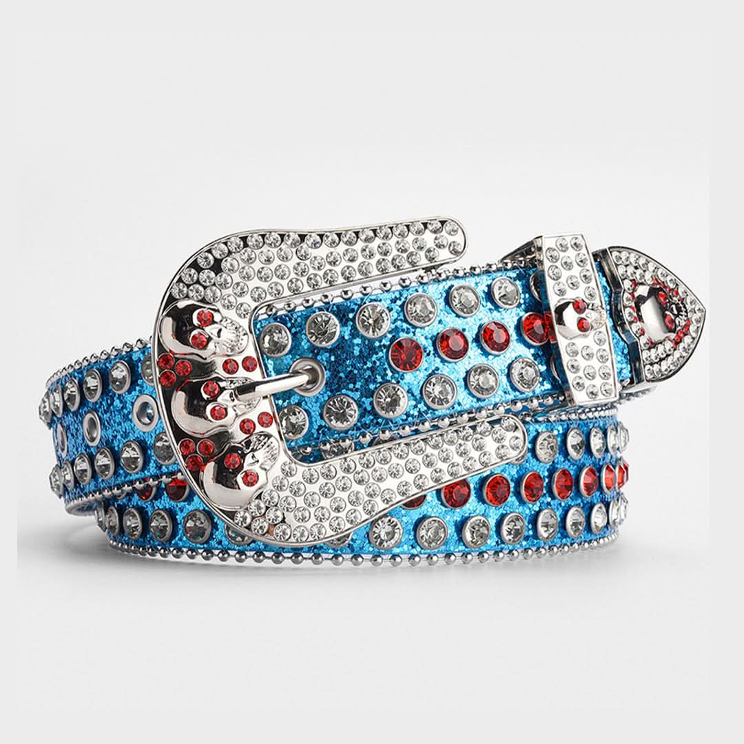 Blue Shiny Skull Buckle with Crystal Strap Rhinestone Belt-Belts-The Rhinestone Belts