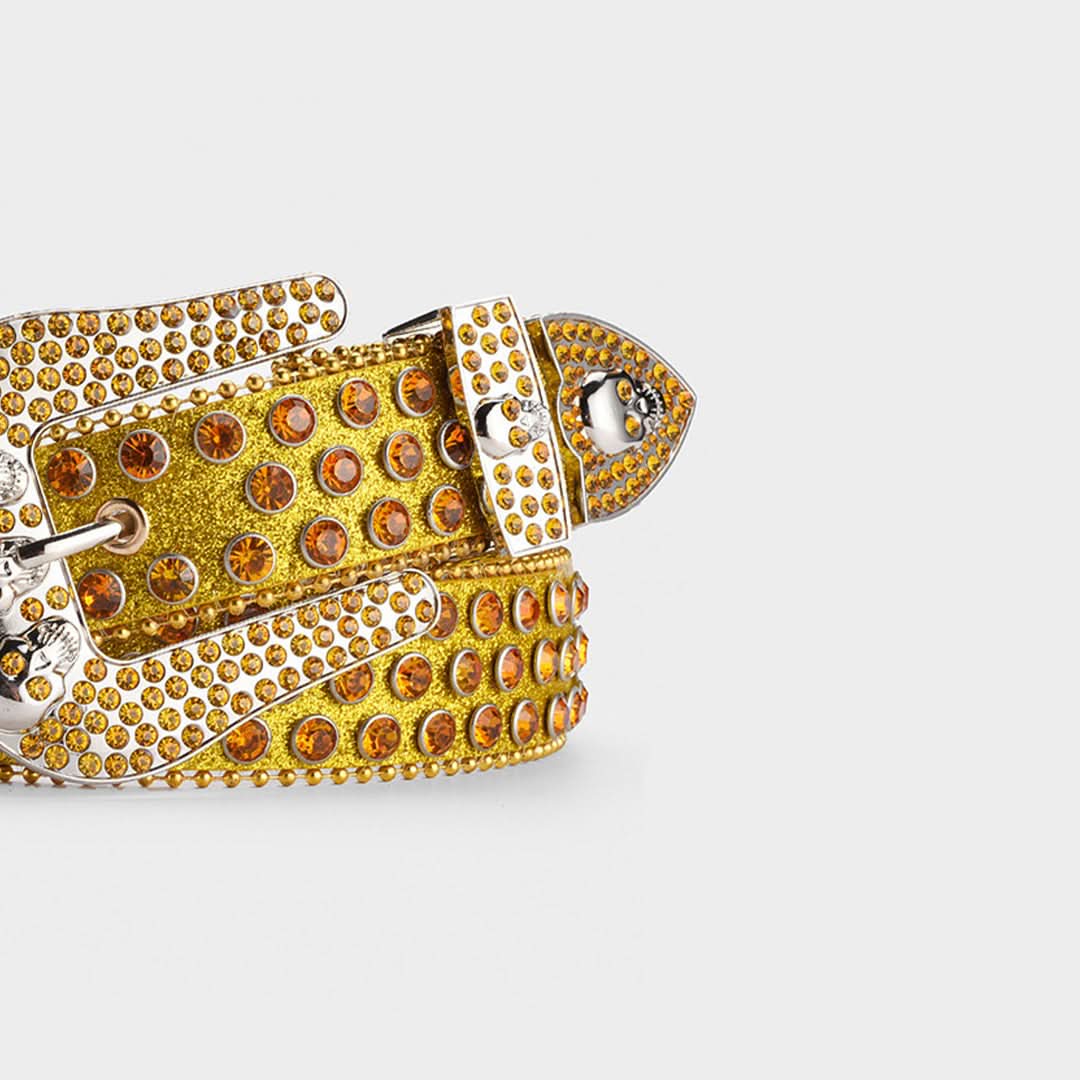 Gold Shiny Skull Buckle with Gold Crystal Strap Rhinestone Belt-Belts-The Rhinestone Belts