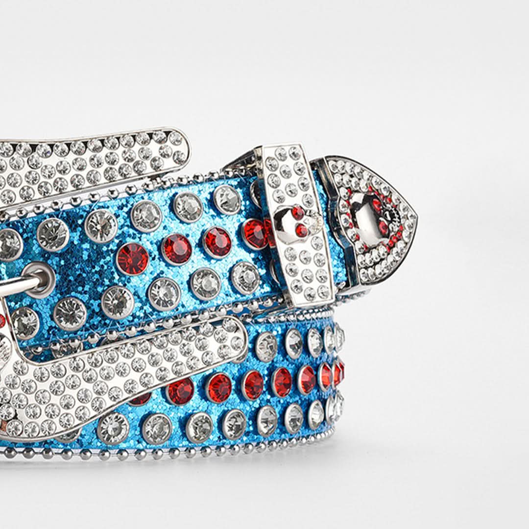 Blue Shiny Skull Buckle with Crystal Strap Rhinestone Belt-Belts-The Rhinestone Belts