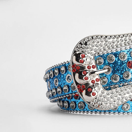 Blue Shiny Skull Buckle with Crystal Strap Rhinestone Belt-Belts-The Rhinestone Belts