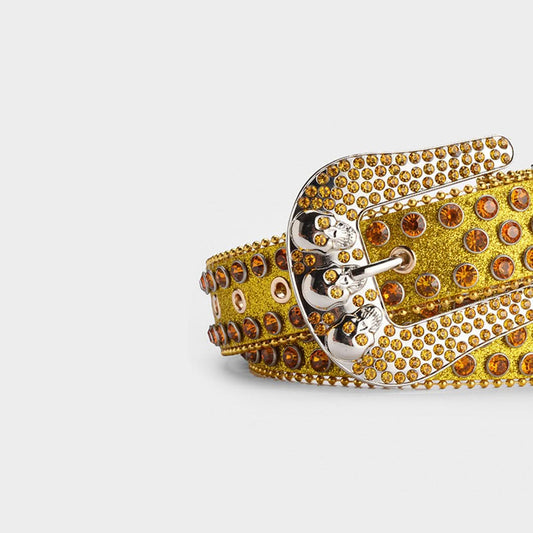 Gold Shiny Skull Buckle with Gold Crystal Strap Rhinestone Belt-Belts-The Rhinestone Belts