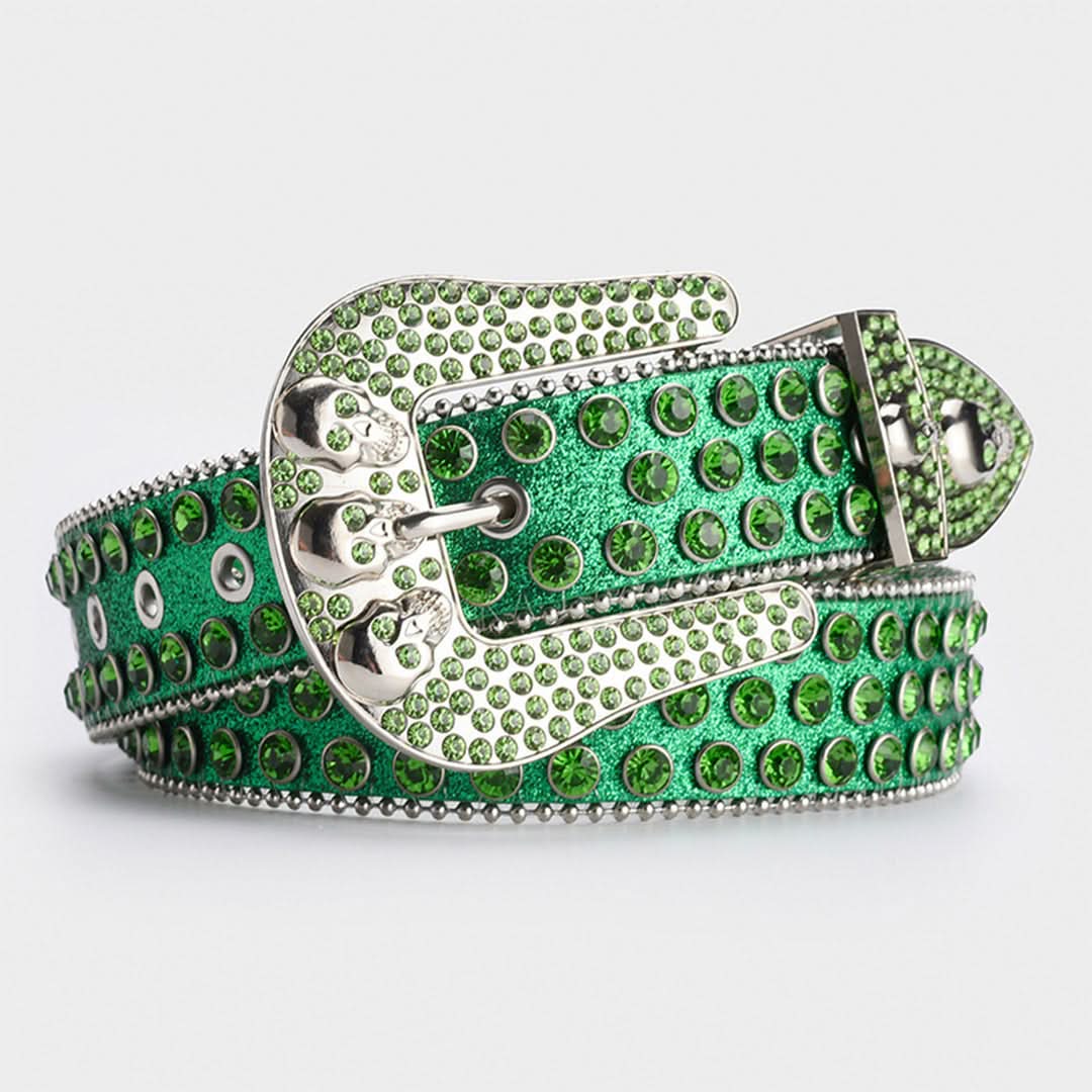 Green Shiny Skull Buckle with Green Crystal Strap Rhinestone Belt-Belts-The Rhinestone Belts
