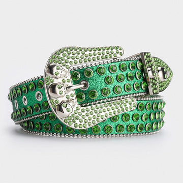 Green Shiny Skull Buckle with Green Crystal Strap Rhinestone Belt-Belts-The Rhinestone Belts