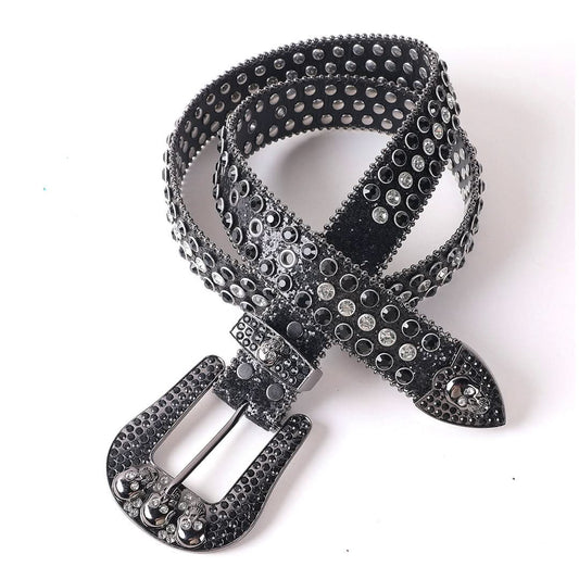 Black Skull Buckle with Black and White Strap Rhinestone Belt-Belts-The Rhinestone Belts