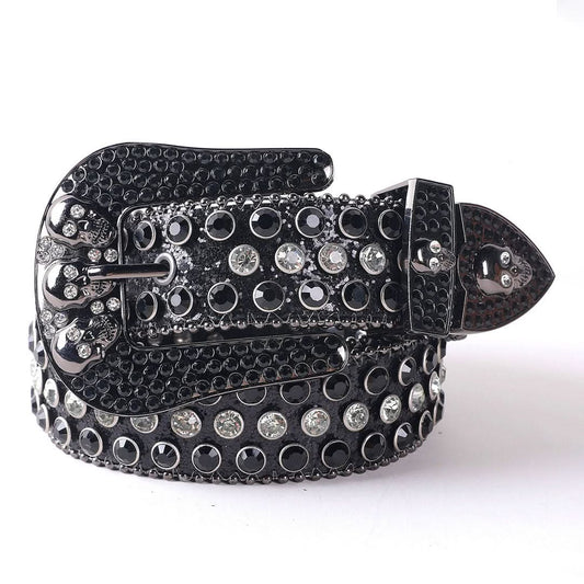 Black Skull Buckle with Black and White Strap Rhinestone Belt-Belts-The Rhinestone Belts