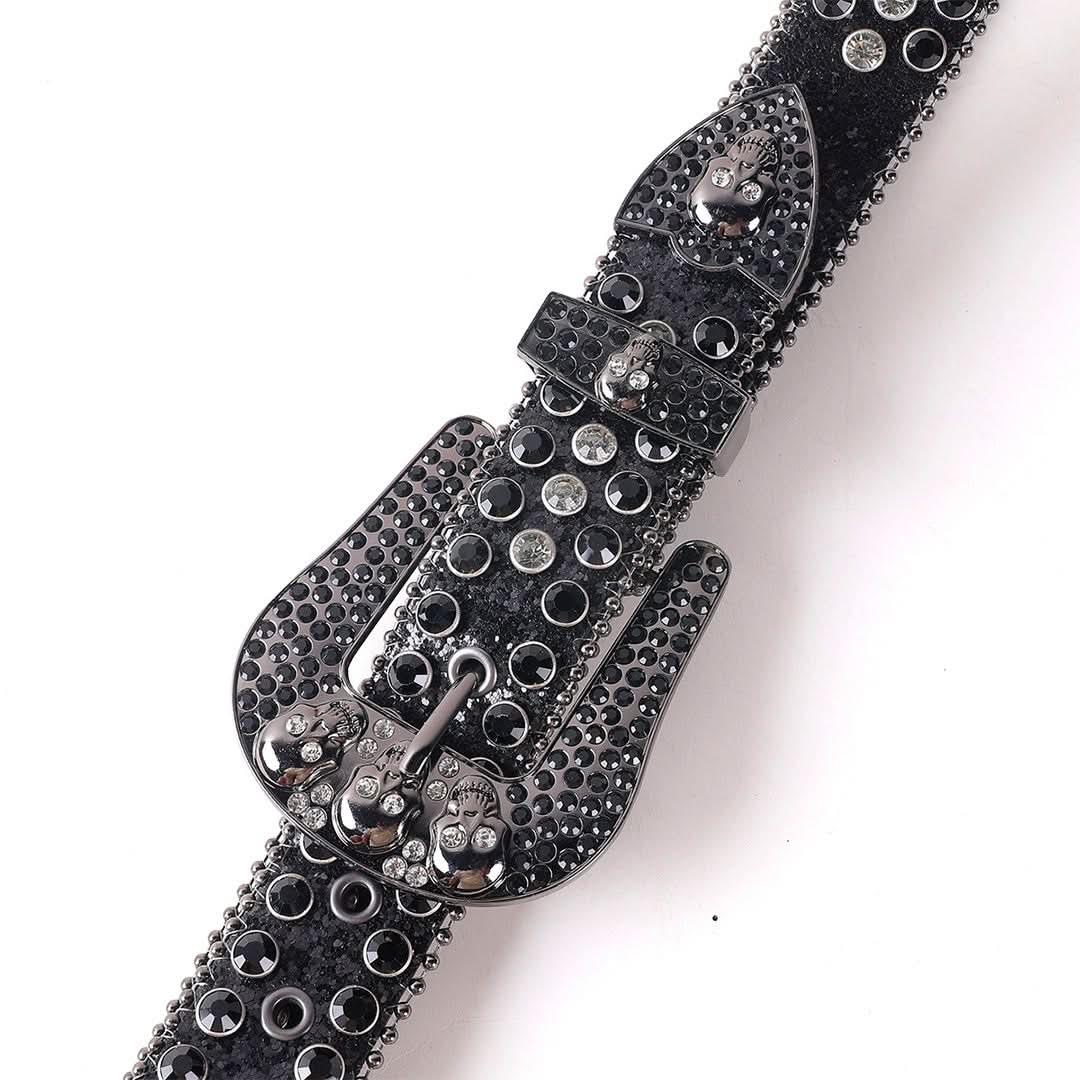 Black Skull Buckle with Black and White Strap Rhinestone Belt-Belts-The Rhinestone Belts