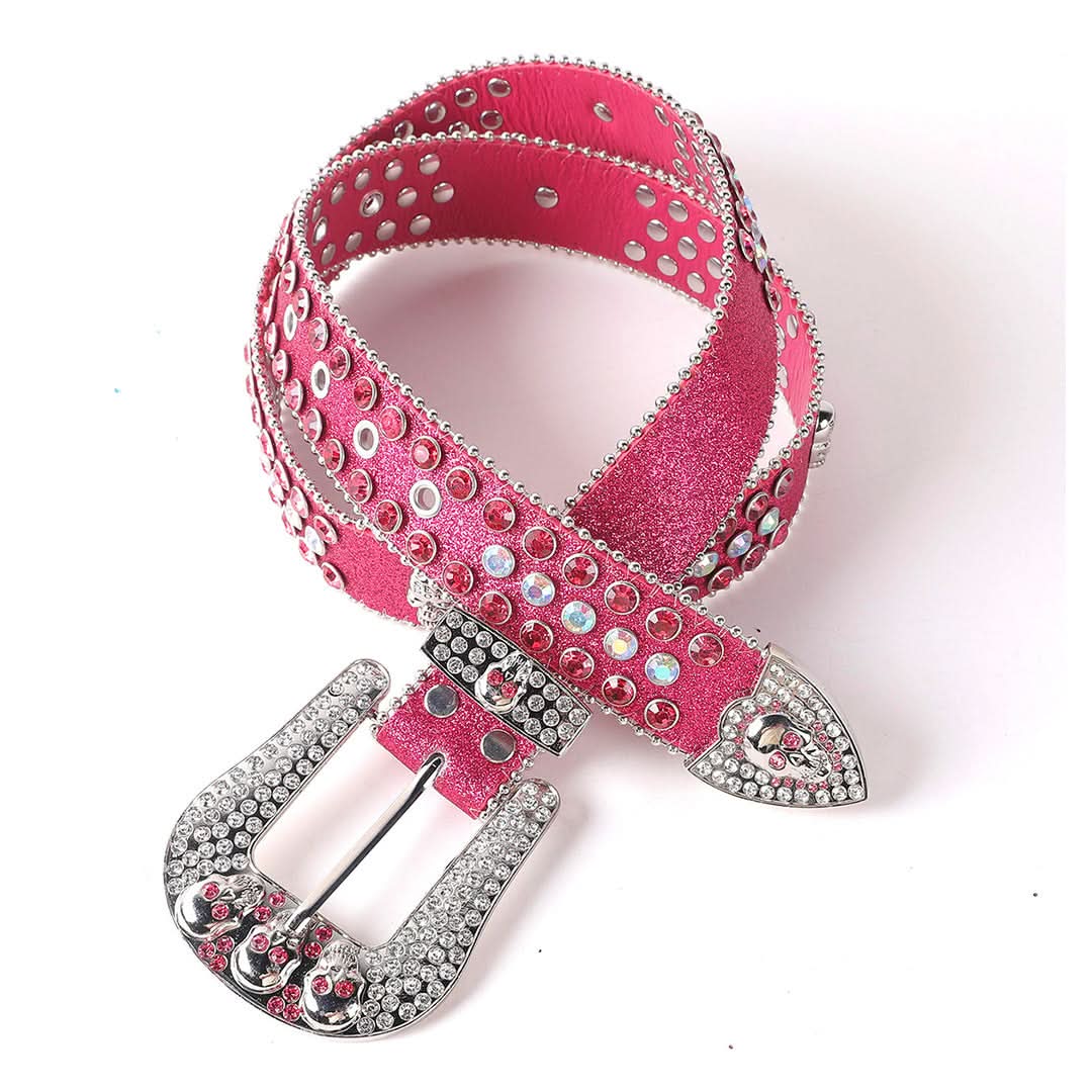 Pink Shiny Skull Buckle with Crystal Strap Cowgirl Rhinestone Belt-Belts-The Rhinestone Belts