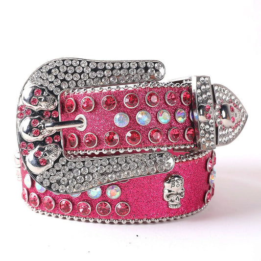 Pink Shiny Skull Buckle with Crystal Strap Cowgirl Rhinestone Belt-Belts-The Rhinestone Belts