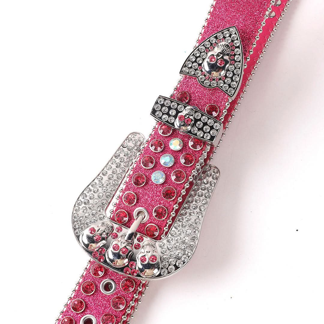 Pink Shiny Skull Buckle with Crystal Strap Cowgirl Rhinestone Belt-Belts-The Rhinestone Belts