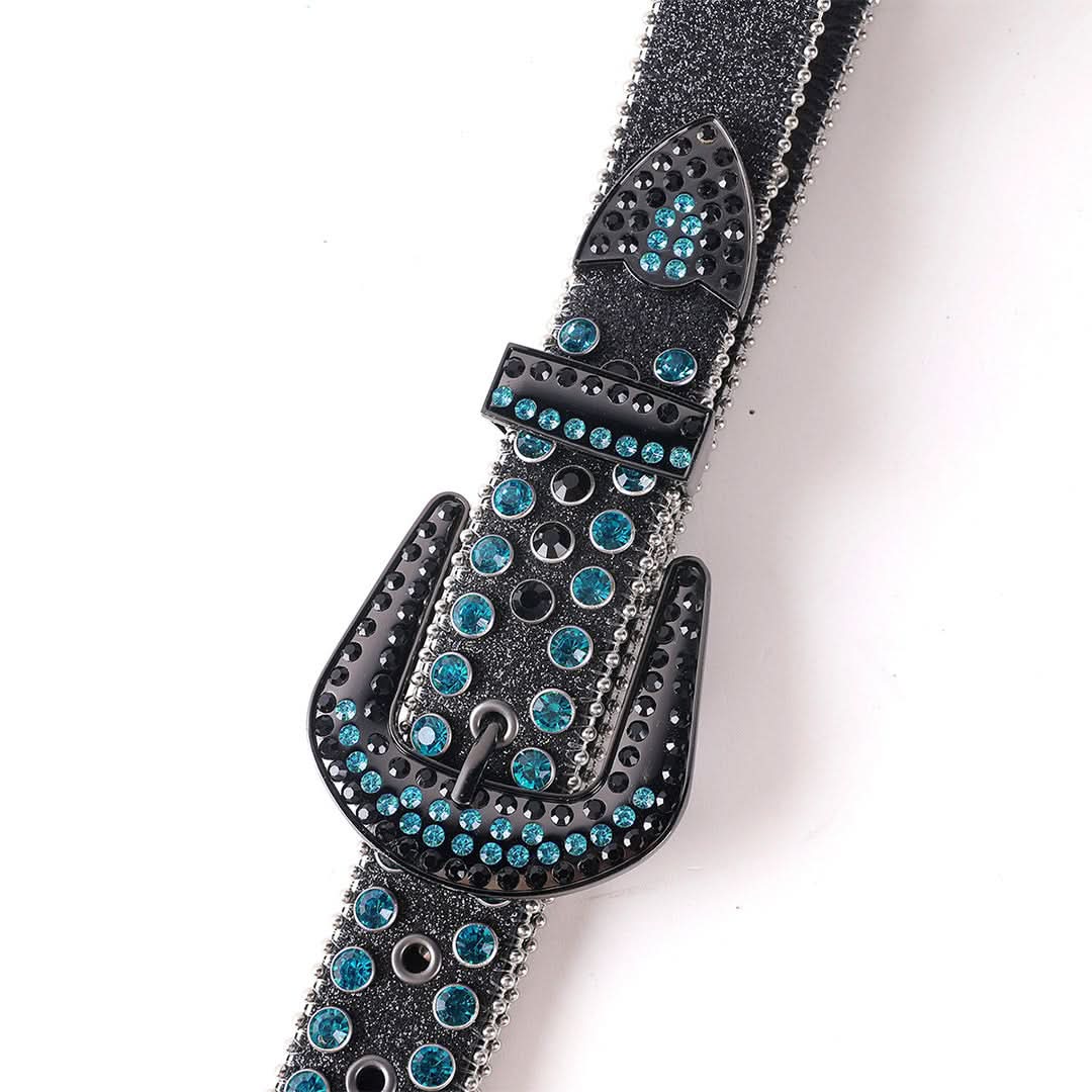 Engraved Buckle with Black Strap and Blue Stones Rhinestone Belt-Belts-The Rhinestone Belts
