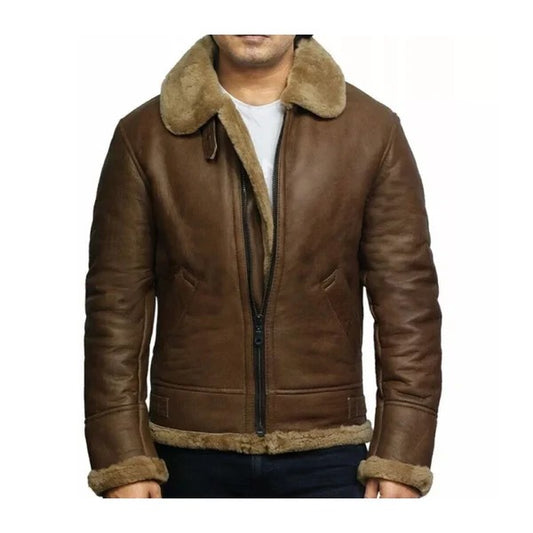 Men's Brown Shearling Leather Jacket with Fur Lining