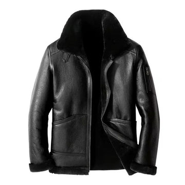 Men's Black Leather Jacket with Plush Fur Collar