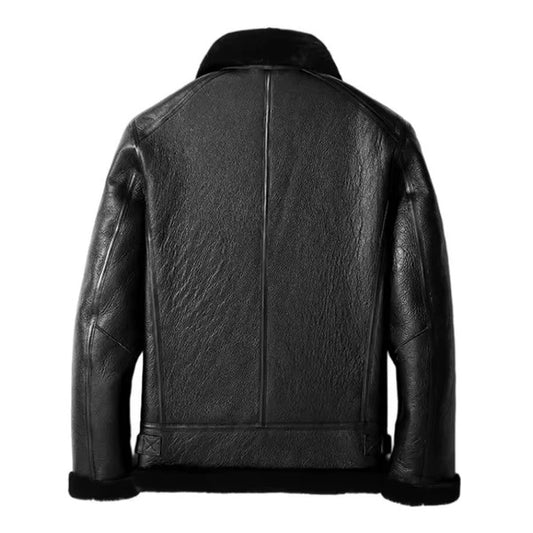 Men's Black Leather Jacket with Plush Fur Collar