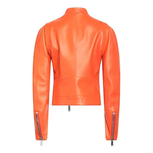 Women's Orange Leather Moto Jacket