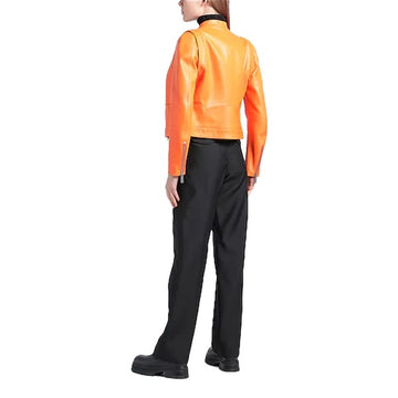 Women's Orange Leather Moto Jacket