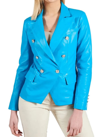 Women's Blue Breasted Leather Coat