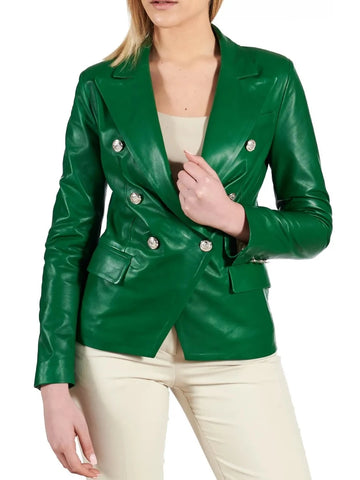 Women's Green Breasted Leather Coat