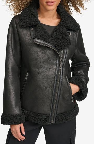 Women's Lined Faux Shearling Moto Leather Jacket
