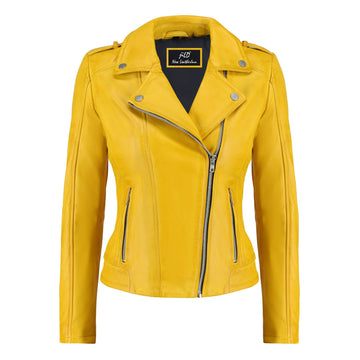 Women's Yellow Zip-Up Handwaxed Moto Leather Jacket