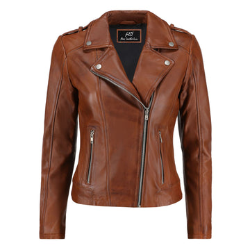 Women's Brown Zip-Up Handwaxed Moto Leather Jacket