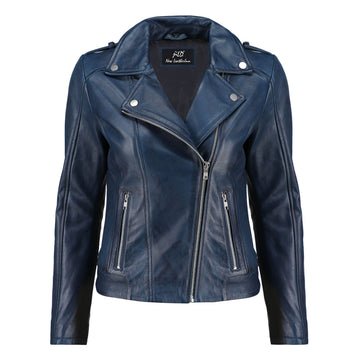 Women's Blue Zip-Up Handwaxed Moto Leather Jacket