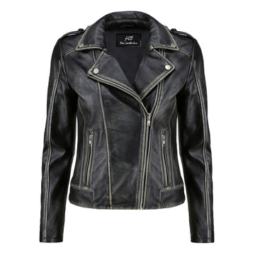 Women's Black Zip-Up Handwaxed Moto Leather Jacket
