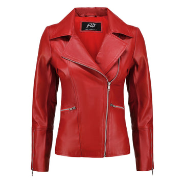 Women's Red Asymmetrical Biker Leather Jacket