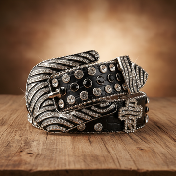 Crocodile Print Silver Studs with Black Strap Rhinestone Belt