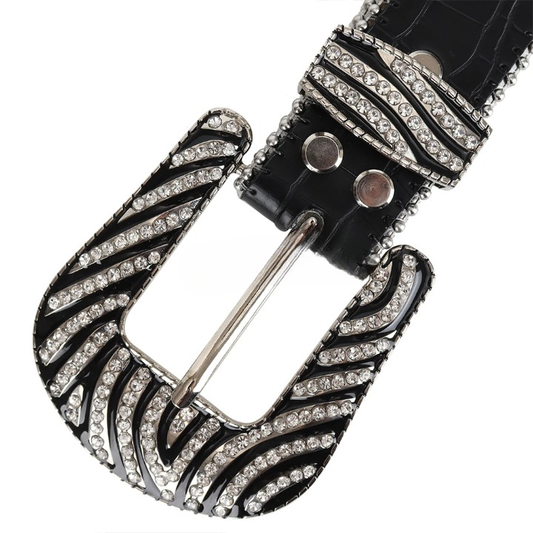 Crocodile Print Silver Studs with Black Strap Rhinestone Belt