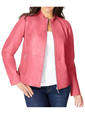 Women's Pink Zip Front Leather Jacket
